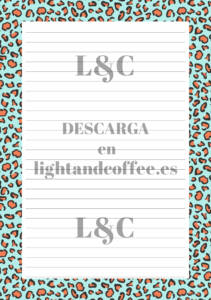 Hojas decoradas con patrón de leopardo azul y naranja archivo pdf para la agenda tamaño A5 para descargar e imprimir gratis