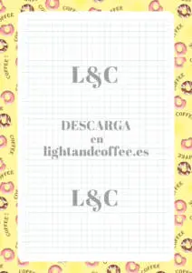 Hoja de cuaderno con patrones de donút y café amarillo de tamaño A4 para imprimir gratis pdf