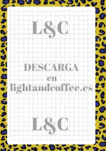 Hoja cuadrículada con patrones de leopardo amarillo y azul de tamaño A5 para descargar e imprimir gratis pdf