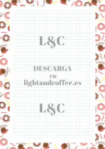 Hoja de cuaderno con patrones de donút y café rosado de tamaño A4 para imprimir gratis pdf