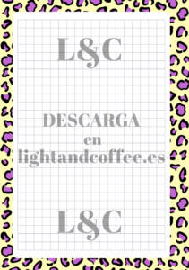Hoja cuadrículada con patrones de leopardo amarillo y morado de tamaño A5 para descargar e imprimir gratis pdf