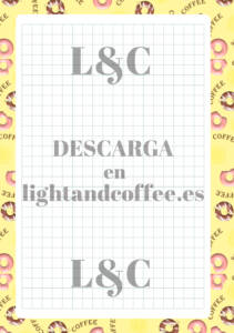 Hoja cuadrículada amarilla con decoración de donút y café de tamaño A5 para imprimir gratis